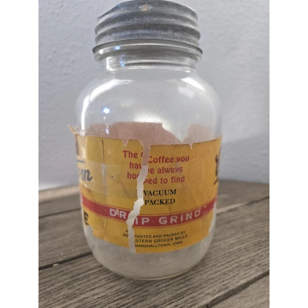 Vintage Chocolate Cream Drip Grind Coffee 1 Lb Jar Paper Label Zinc Lid Rustic